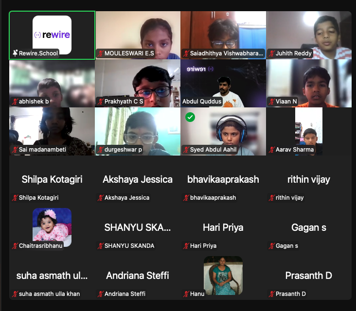 A live Rewire online cohort in session, with students joining from home on camera
