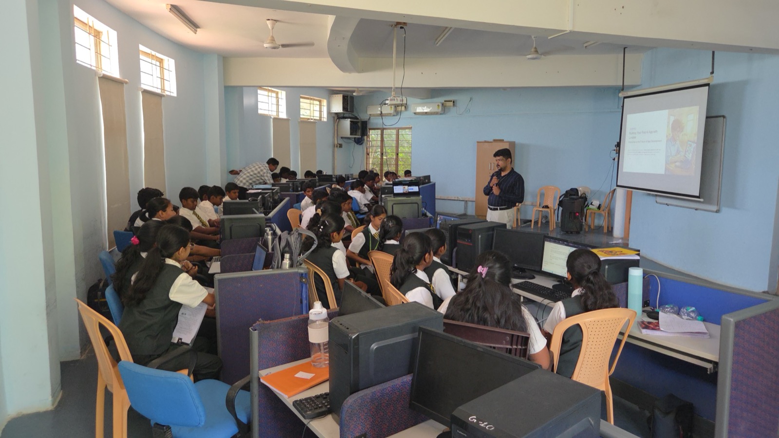 A full class at Shakthi International School during a Rewire session, building an AI app with Lovable