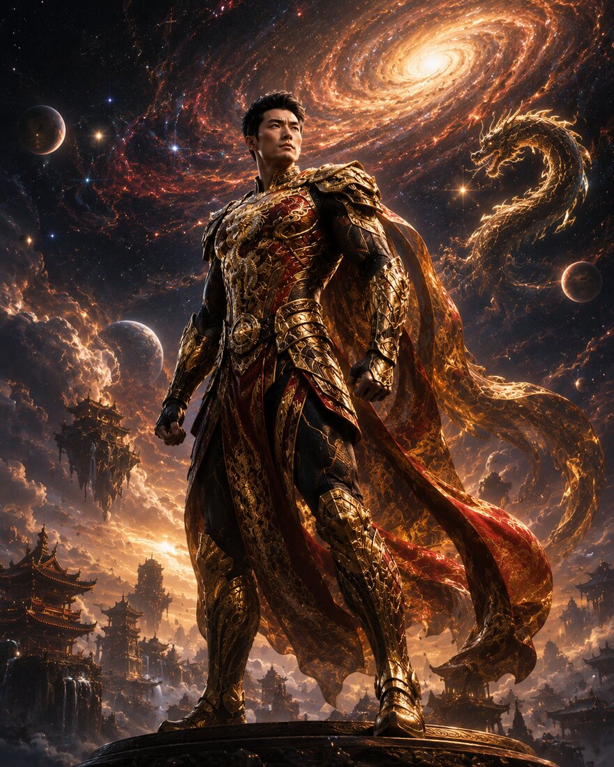 An original dragon-warrior character poster designed by a student with AI