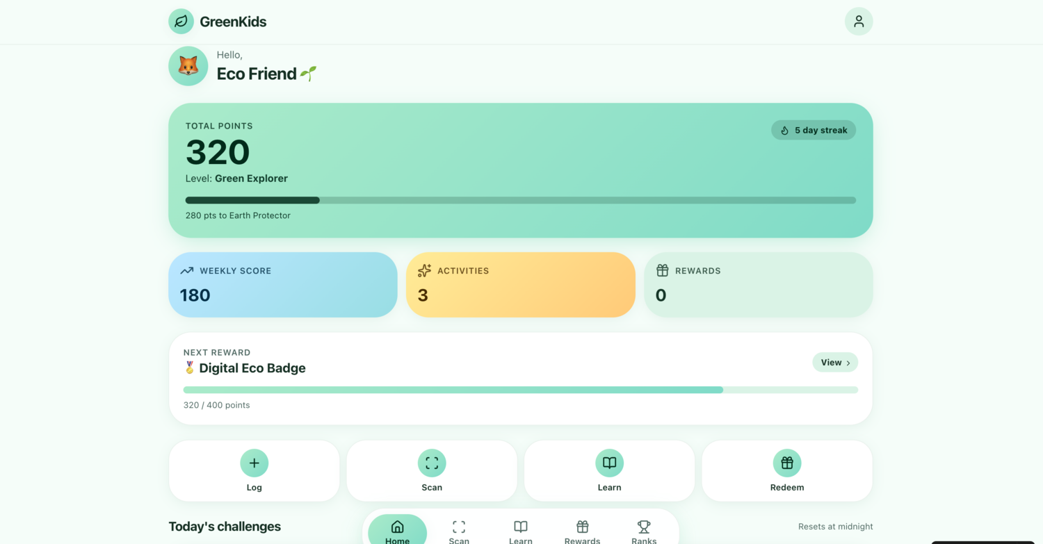 GreenKids, an eco-rewards web app built by a student