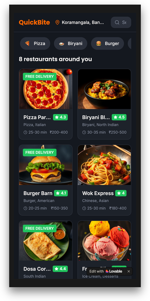 QuickBite, a food ordering web app built by a student in Bolt