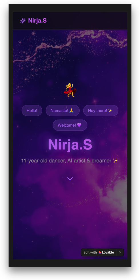 A website designed and shipped by a student named Nirja using Lovable