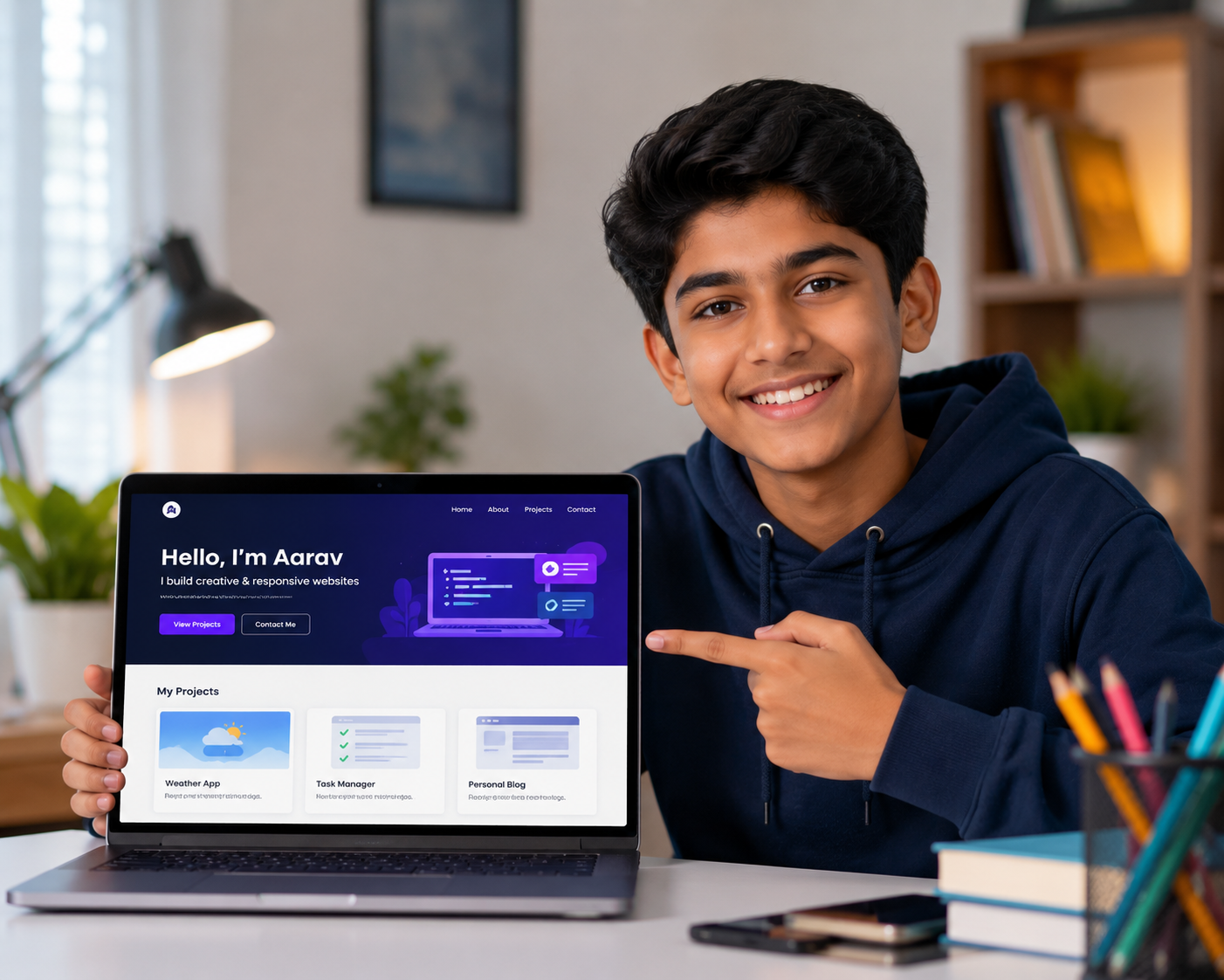A student showing the AI portfolio site they built in class
