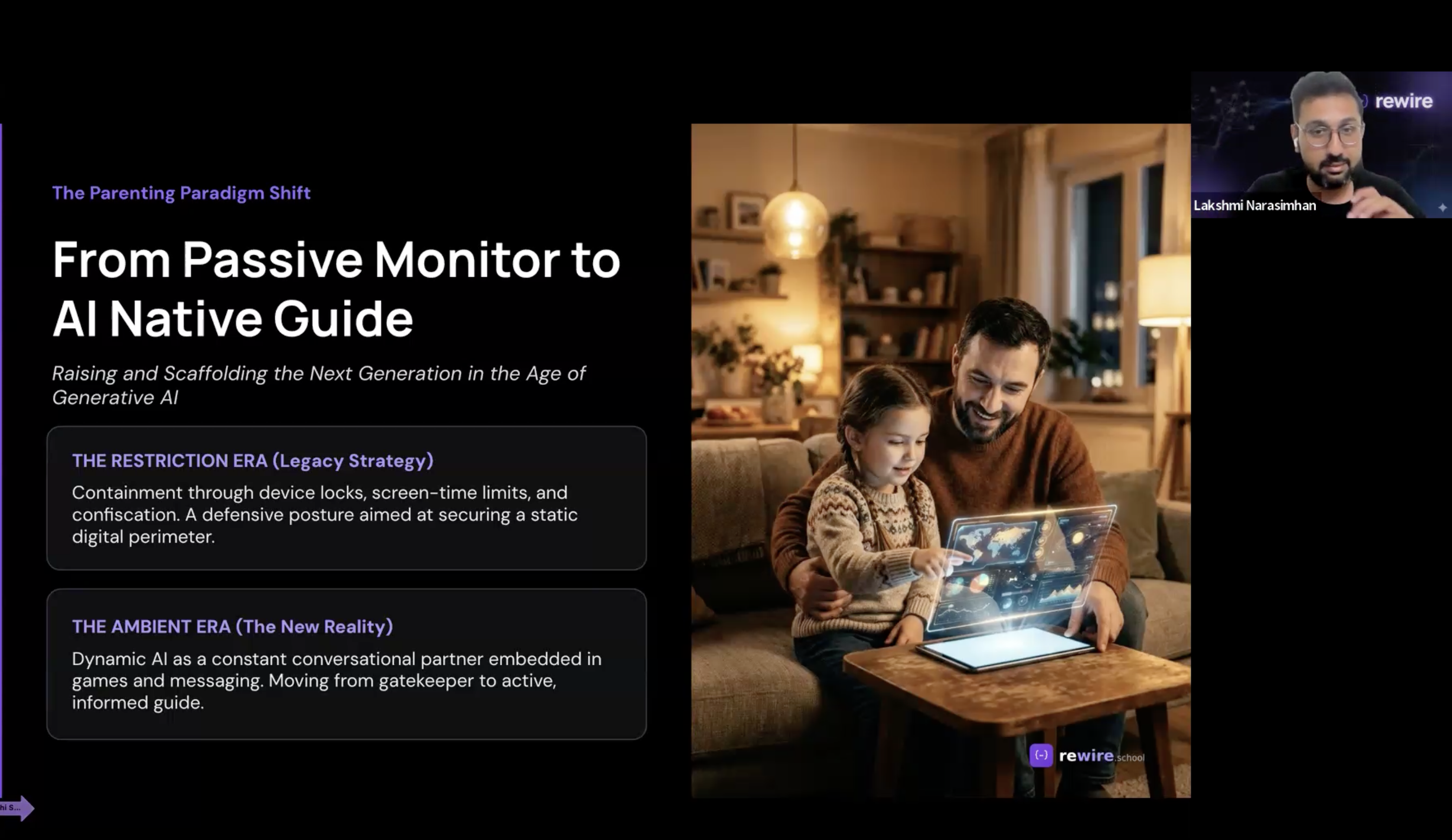 Rewire parent session slide: from passive monitor to AI-native guide — the parenting paradigm shift